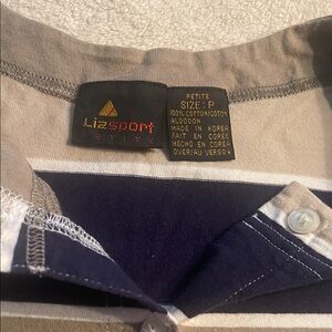 Lizsport Petite Striped Button-Down Shirt in Navy and Taupe